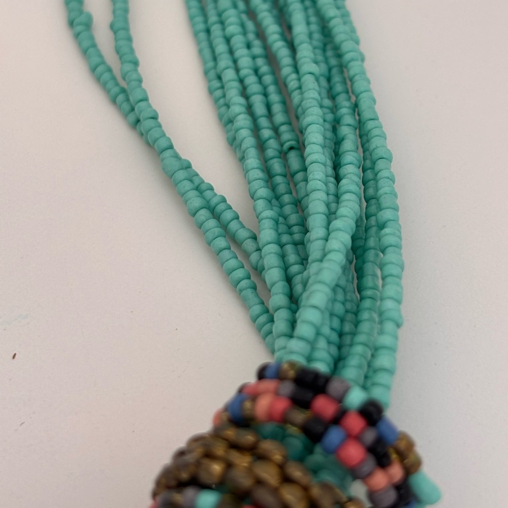 Boho Statement Necklace: Turquoise Beaded Multi-Strand Mosaic Bib - Picture 6 of 10
